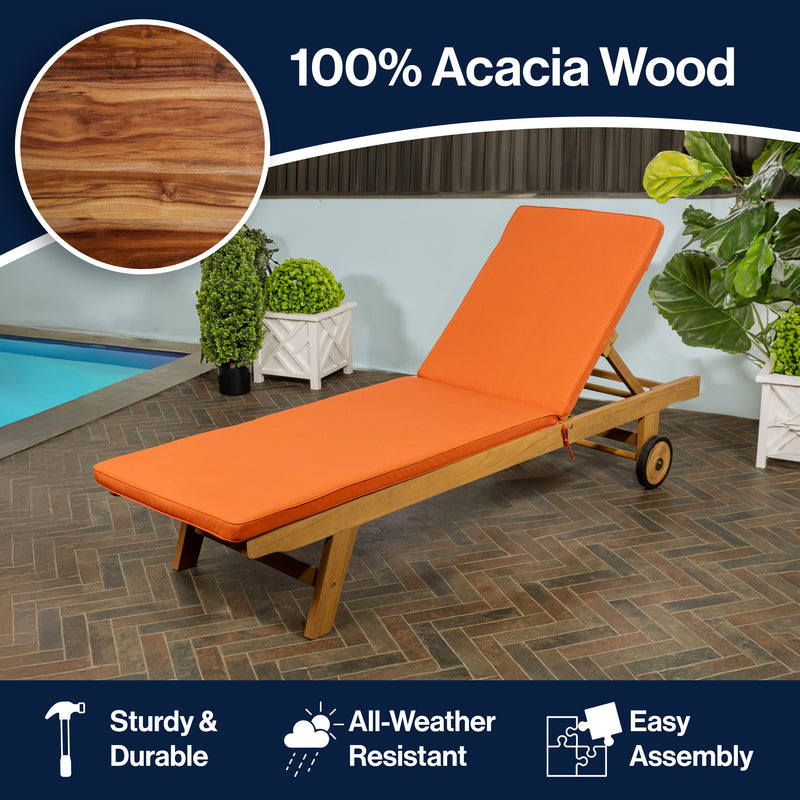 Mallorca 77.56"x23.62" Modern Classic Adjustable Acacia Wood Chaise Outdoor Lounge Chair with Cushion & Wheels