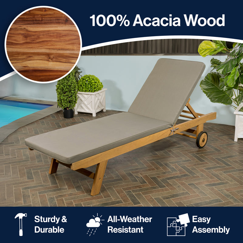 Mallorca 77.56"x23.62" Modern Classic Adjustable Acacia Wood Chaise Outdoor Lounge Chair with Cushion & Wheels