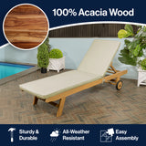 Mallorca 77.56"x23.62" Modern Classic Adjustable Acacia Wood Chaise Outdoor Lounge Chair with Cushion & Wheels
