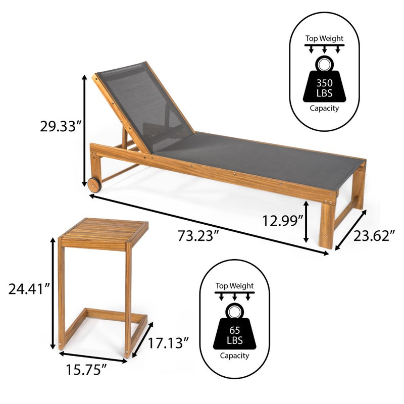 Trabuco Coastal Modern Acacia Wood Mesh 3-Position Outdoor Chaise Lounge Set with Side Table - JONATHAN Y