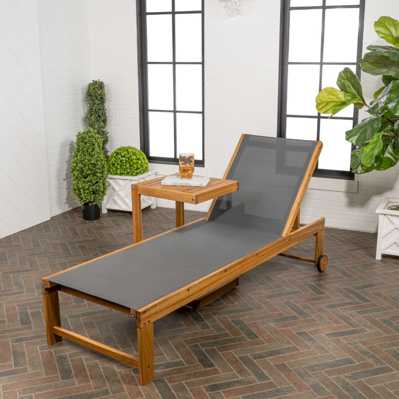 Trabuco Coastal Modern Acacia Wood Mesh 3-Position Outdoor Chaise Lounge Set with Side Table - JONATHAN Y
