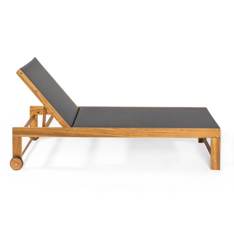Trabuco Coastal Modern Acacia Wood Mesh 3-Position Outdoor Chaise Lounge Set with Side Table - JONATHAN Y