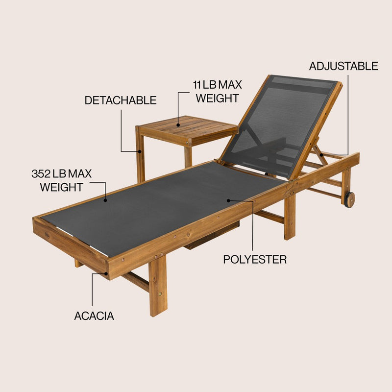Trabuco Coastal Modern Acacia Wood Mesh 5-Position Outdoor foldable Chaise Lounge Set with Side Table