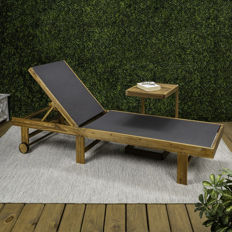 Trabuco Coastal Modern Acacia Wood Mesh 5-Position Outdoor foldable Chaise Lounge Set with Side Table