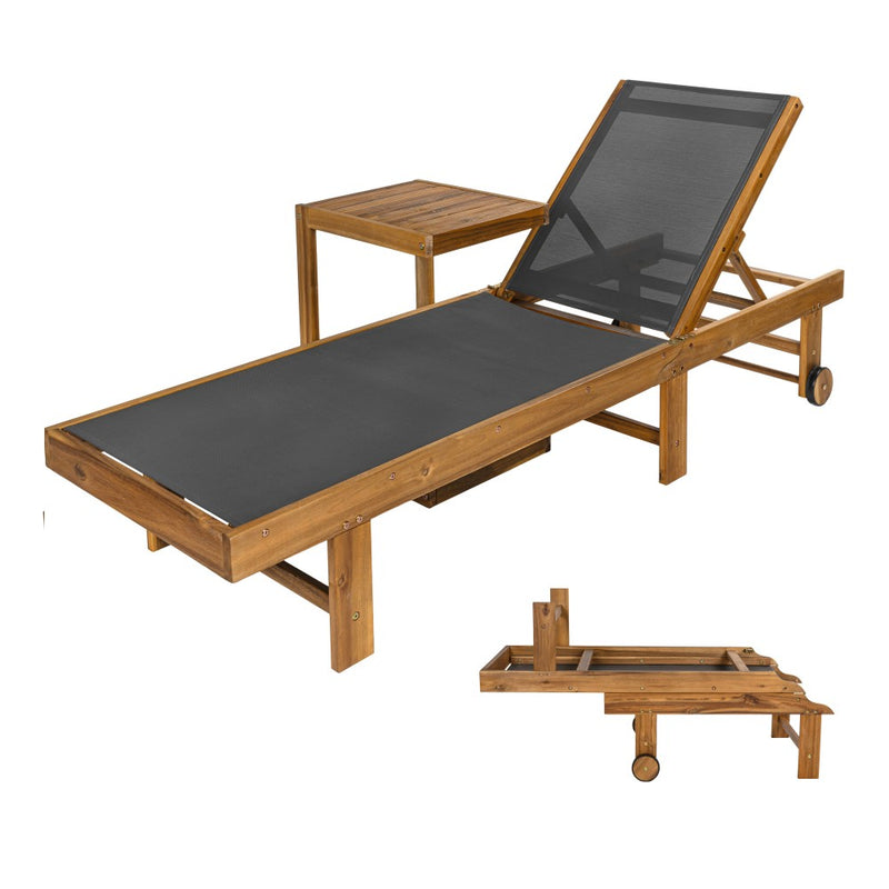 Trabuco Coastal Modern Acacia Wood Mesh 5-Position Outdoor foldable Chaise Lounge Set with Side Table