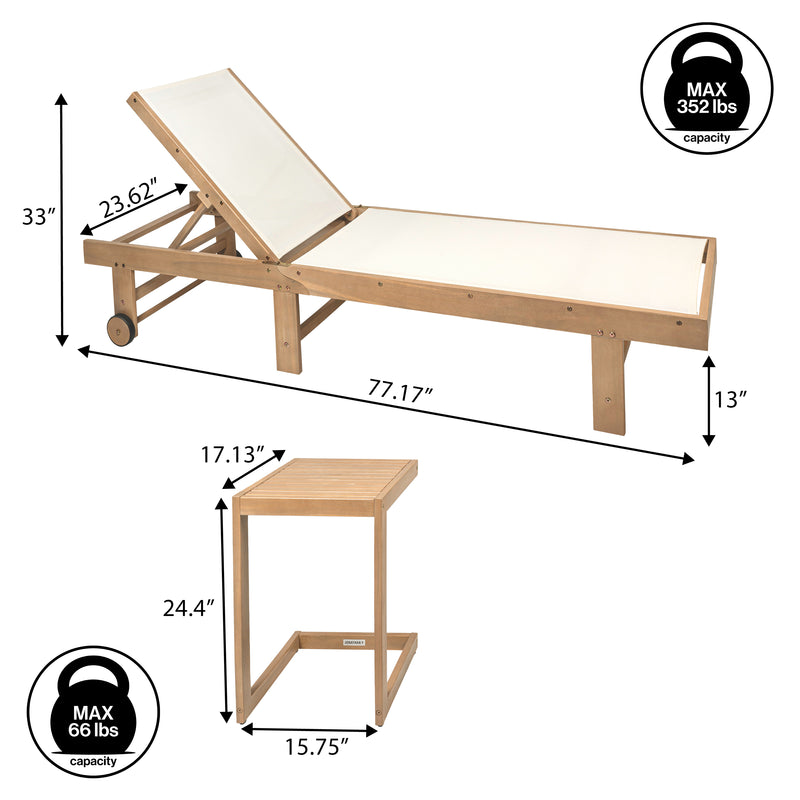 Trabuco Coastal Modern Acacia Wood Mesh 5-Position Outdoor foldable Chaise Lounge Set with Side Table