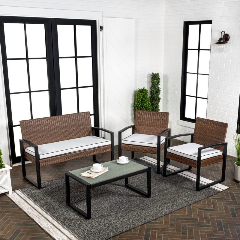 Elina 4-Piece Modern Coastal Faux Wicker Conversation Outdoor Patio Set - JONATHAN Y
