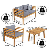 Thom 4-Piece Mid-Century Modern Acacia Wood Outdoor Patio Set with Cushions and Plaid Decorative Pillows - JONATHAN Y