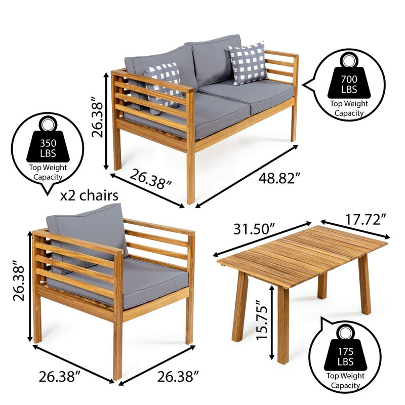 Thom 4-Piece Mid-Century Modern Acacia Wood Outdoor Patio Set with Cushions and Plaid Decorative Pillows - JONATHAN Y