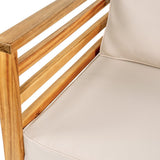 Thom 4-Piece Mid-Century Modern Acacia Wood Outdoor Patio Set with Cushions and Plaid Decorative Pillows - JONATHAN Y