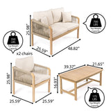 Tavira 4-Piece Modern Bohemian Acacia Wood Outdoor Patio Set with Cushions and Plain Decorative Pillows - JONATHAN Y