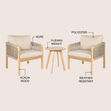 Aveiro 3-Piece Modern Bohemian Roped Corner Acacia Wood Conversation Outdoor Patio Set with Cushions