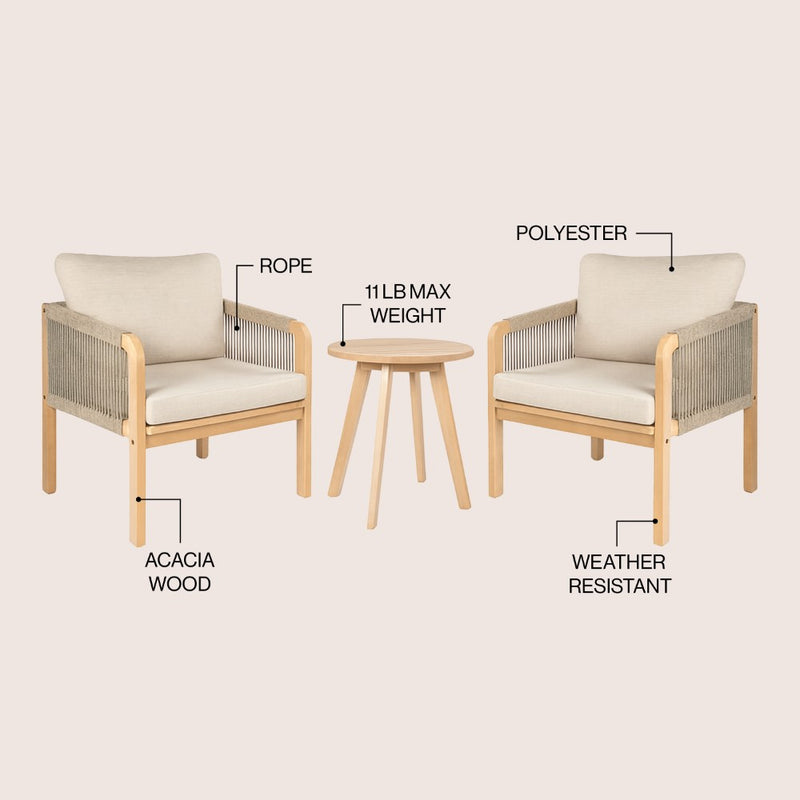 Aveiro 3-Piece Modern Bohemian Roped Corner Acacia Wood Conversation Outdoor Patio Set with Cushions