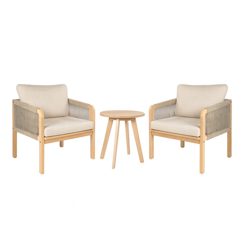 Aveiro 3-Piece Modern Bohemian Roped Corner Acacia Wood Conversation Outdoor Patio Set with Cushions