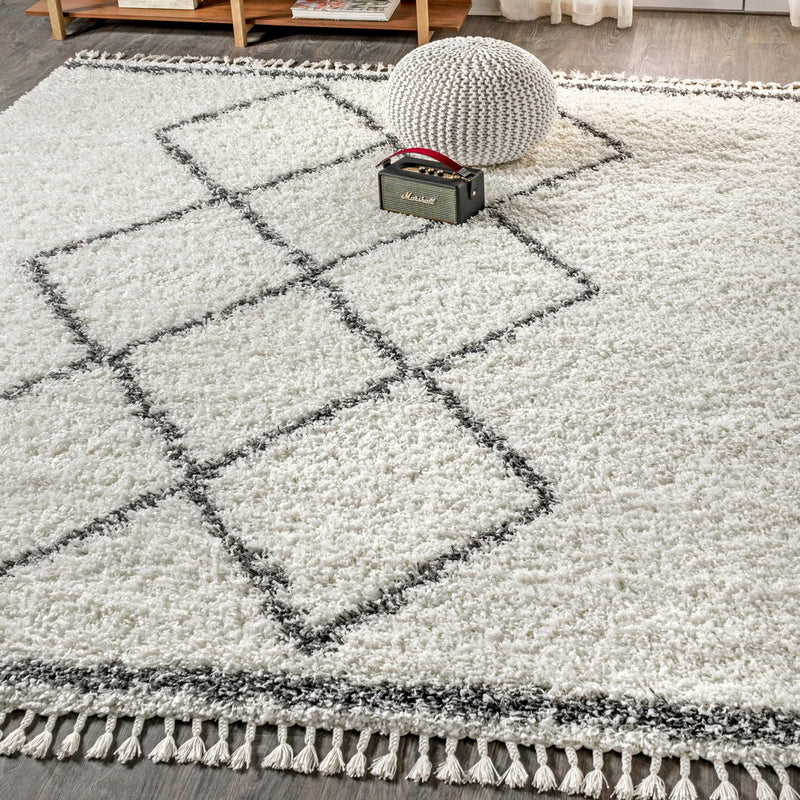 Beautiful mercer Shag Plush Tassel Moroccan Tribal Geometric Trellis Area Rug