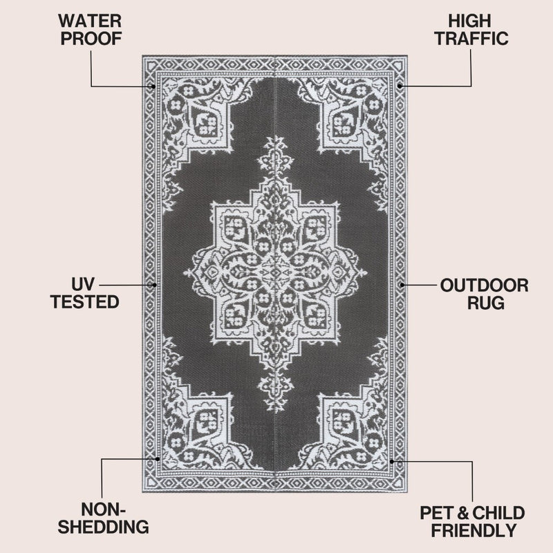 Dory Medallion Border Foldable Waterproof Reversible Plastic Straw Area Rug