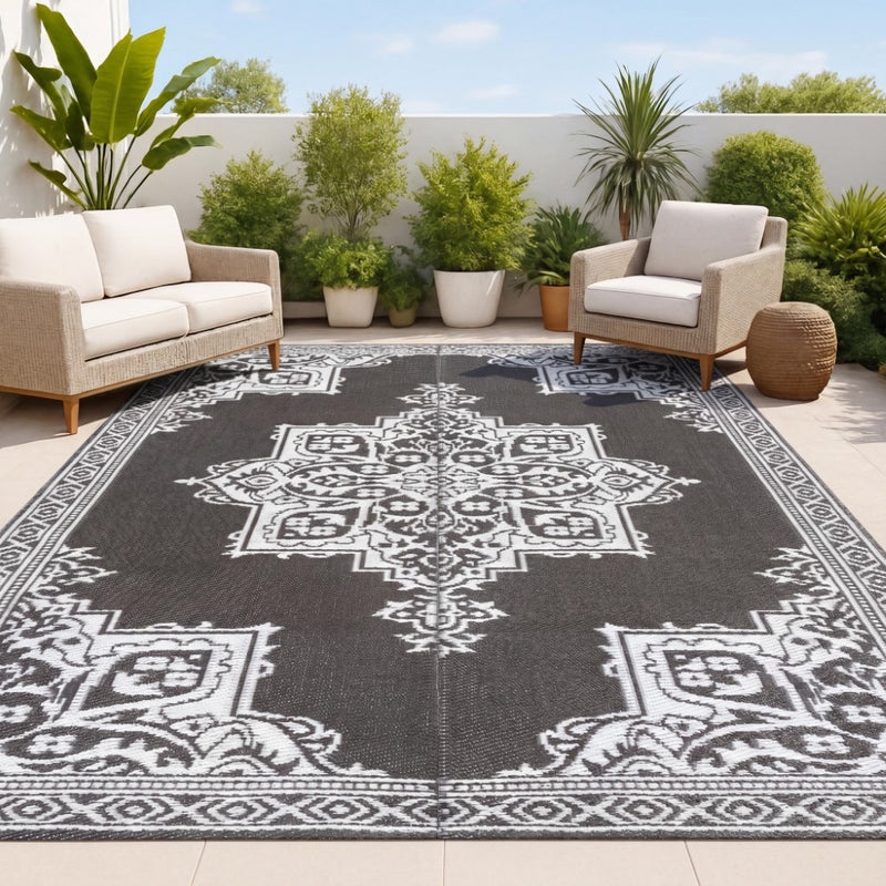 Dory Medallion Border Foldable Waterproof Reversible Plastic Straw Area Rug