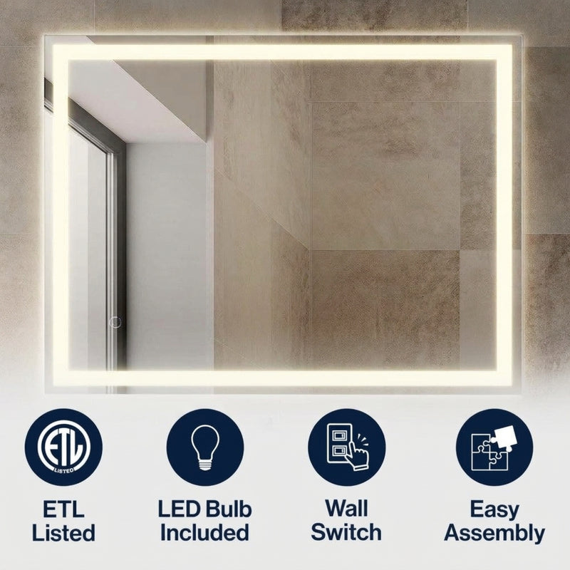 Pax Rectangular Frameless Anti-Fog Aluminum Front/Back-lit Tri-color LED Bathroom Vanity Mirror with Smart Touch Control White / 32" x 24" – ICONS