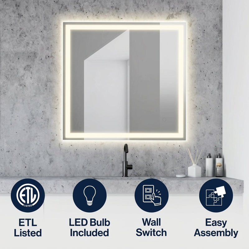 Pax Rectangular Frameless Anti-Fog Aluminum Front/Back-lit Tri-color LED Bathroom Vanity Mirror with Smart Touch Control White / 36" x 28" – ICONS