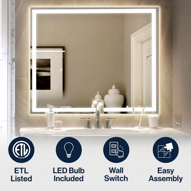 Pax Rectangular Frameless Anti-Fog Aluminum Front/Back-lit Tri-color LED Bathroom Vanity Mirror with Smart Touch Control White / 40" x 32" – ICONS