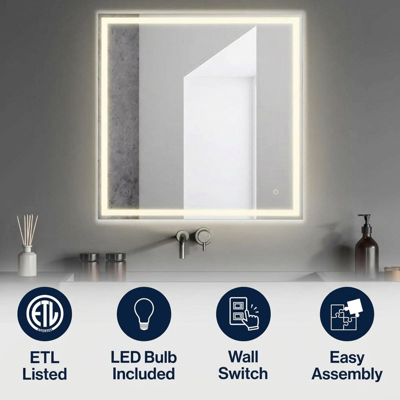Pax Rectangular Frameless Anti-Fog Aluminum Front/Back-lit Tri-color LED Bathroom Vanity Mirror with Smart Touch Control White / 48" x 36" – ICONS