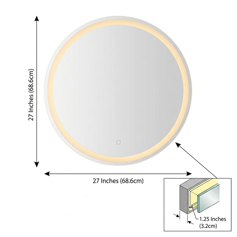 Dane 27 Round Frameless Anti-Fog Aluminum Front/Back-lit Tri-color LED Bathroom Vanity Mirror with Smart Touch Control White / 27" – DIM