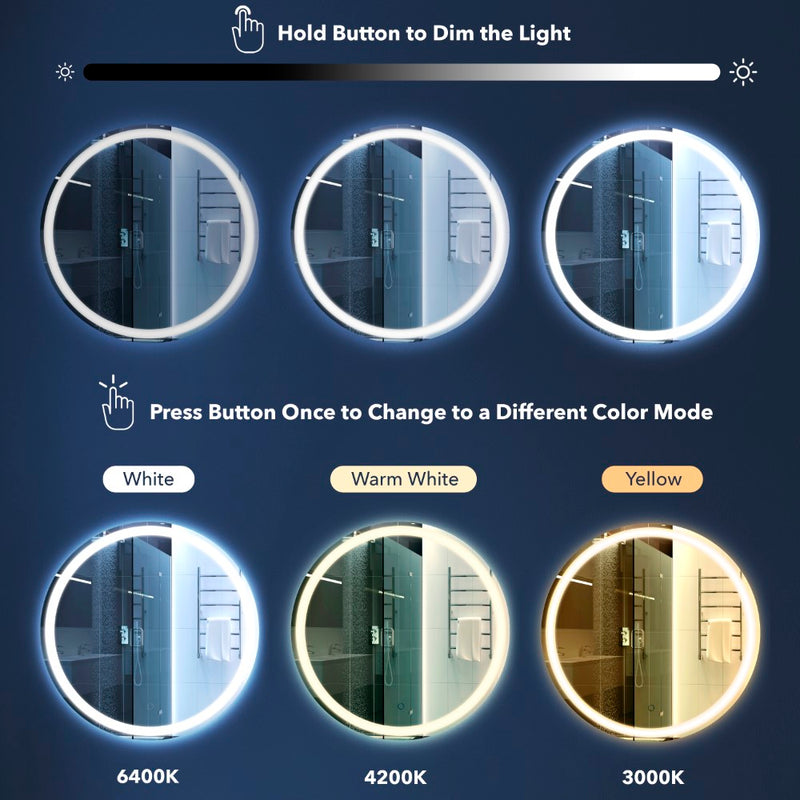 Dane 27 Round Frameless Anti-Fog Aluminum Front/Back-lit Tri-color LED Bathroom Vanity Mirror with Smart Touch Control - JONATHAN Y