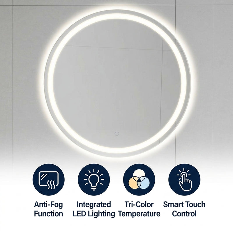 Dane 27 Round Frameless Anti-Fog Aluminum Front/Back-lit Tri-color LED Bathroom Vanity Mirror with Smart Touch Control White / 32" – ICONS