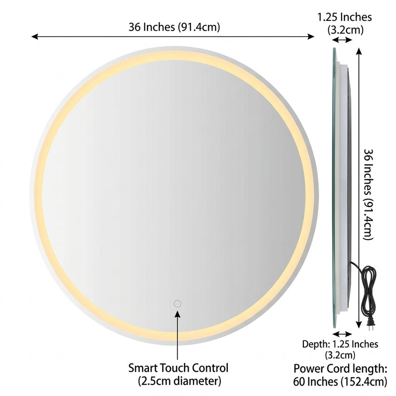 Dane 27 Round Frameless Anti-Fog Aluminum Front/Back-lit Tri-color LED Bathroom Vanity Mirror with Smart Touch Control White / 36" – DIM