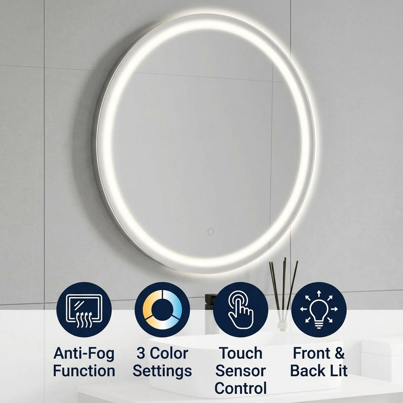 Dane 27 Round Frameless Anti-Fog Aluminum Front/Back-lit Tri-color LED Bathroom Vanity Mirror with Smart Touch Control White / 36" – ICONS