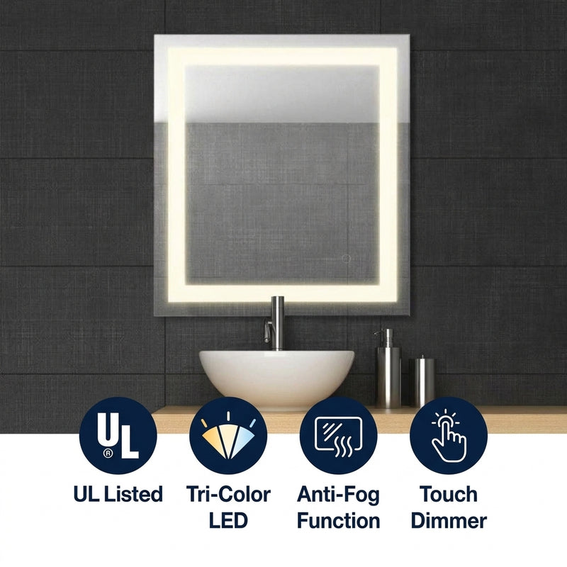 Remy Rectangular Frameless Anti-Fog Aluminum Front-lit Tri-color LED Bathroom Vanity Mirror with Smart Touch Control White / 34 x 24 – ICONS