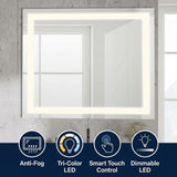 Remy Rectangular Frameless Anti-Fog Aluminum Front-lit Tri-color LED Bathroom Vanity Mirror with Smart Touch Control White / 36 x 30 – ICONS