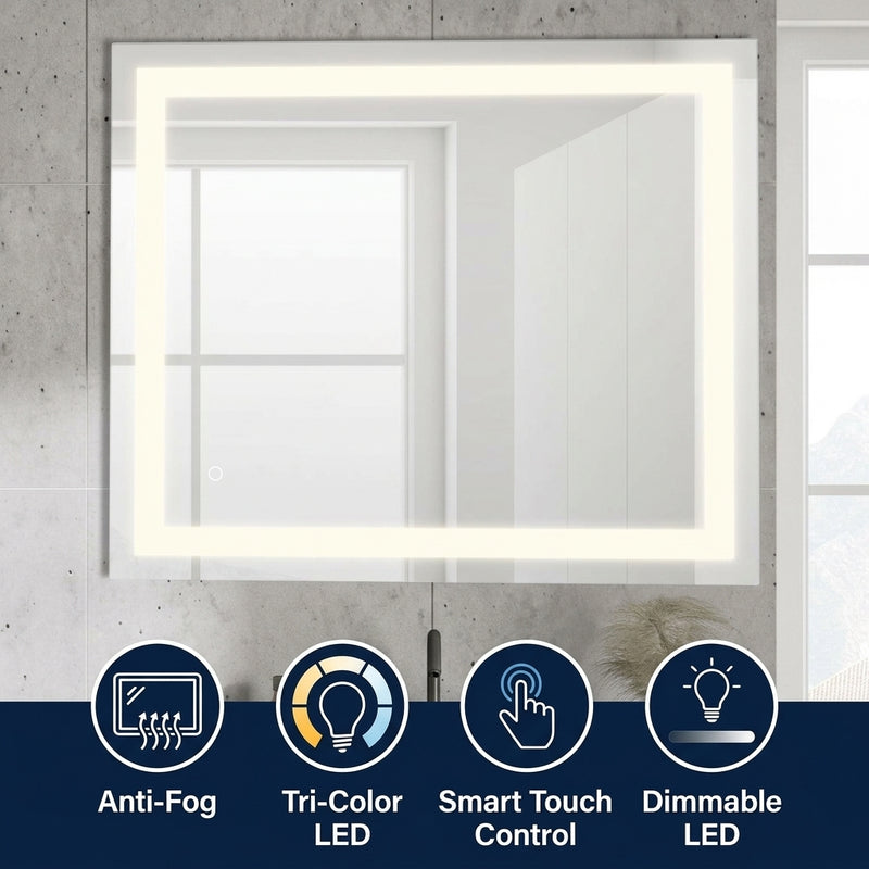 Remy Rectangular Frameless Anti-Fog Aluminum Front-lit Tri-color LED Bathroom Vanity Mirror with Smart Touch Control White / 36 x 30 – ICONS