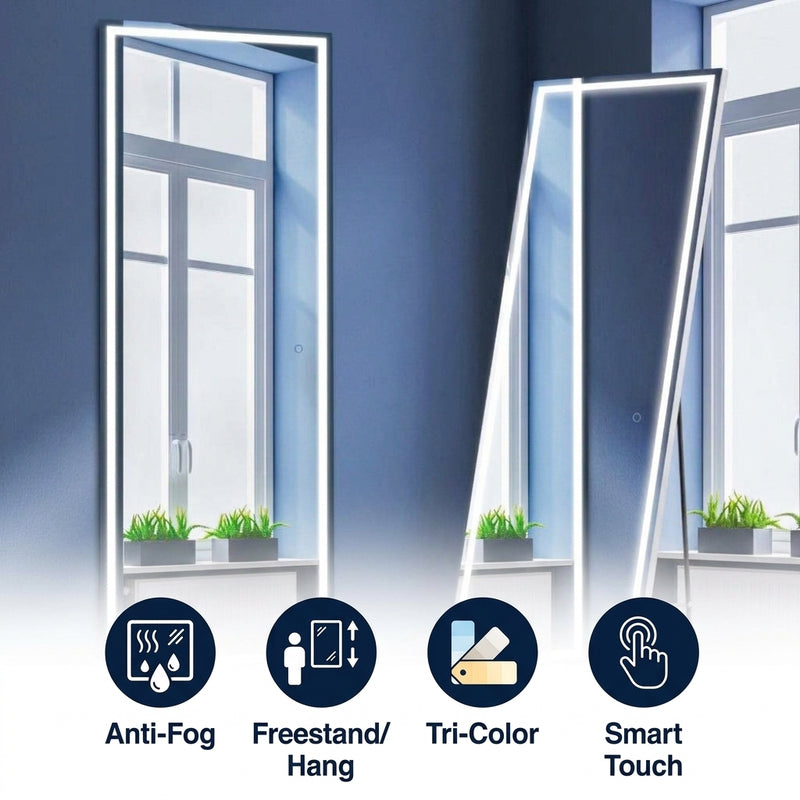 Soraya Full-length Rectangular Frameless Anti-Fog Plug-in/Hardwire Aluminum Front-lit Tri-color LED Freestand/Hang Mirror with Smart Touch Control White / 65 x 22 – ICONS