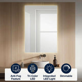 Nora Rectangular Frameless Anti-Fog Aluminum Back-lit Tri-color LED Bathroom Vanity Mirror with Smart Touch Control White / 38 x 26 – ICONS