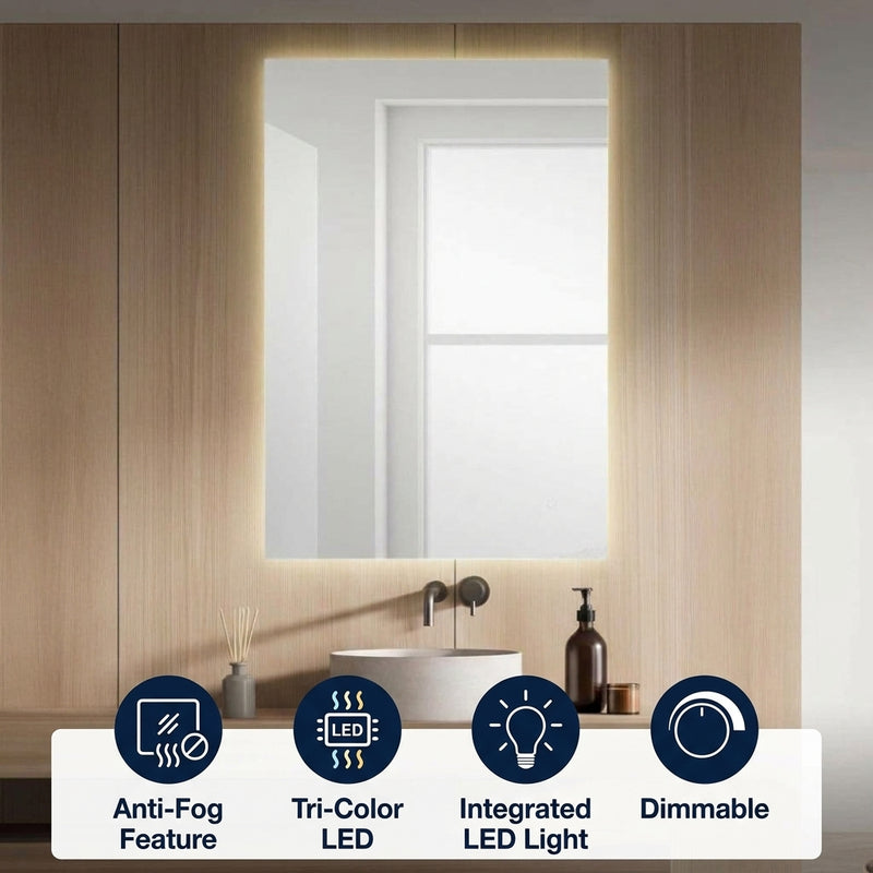 Nora Rectangular Frameless Anti-Fog Aluminum Back-lit Tri-color LED Bathroom Vanity Mirror with Smart Touch Control White / 38 x 26 – ICONS