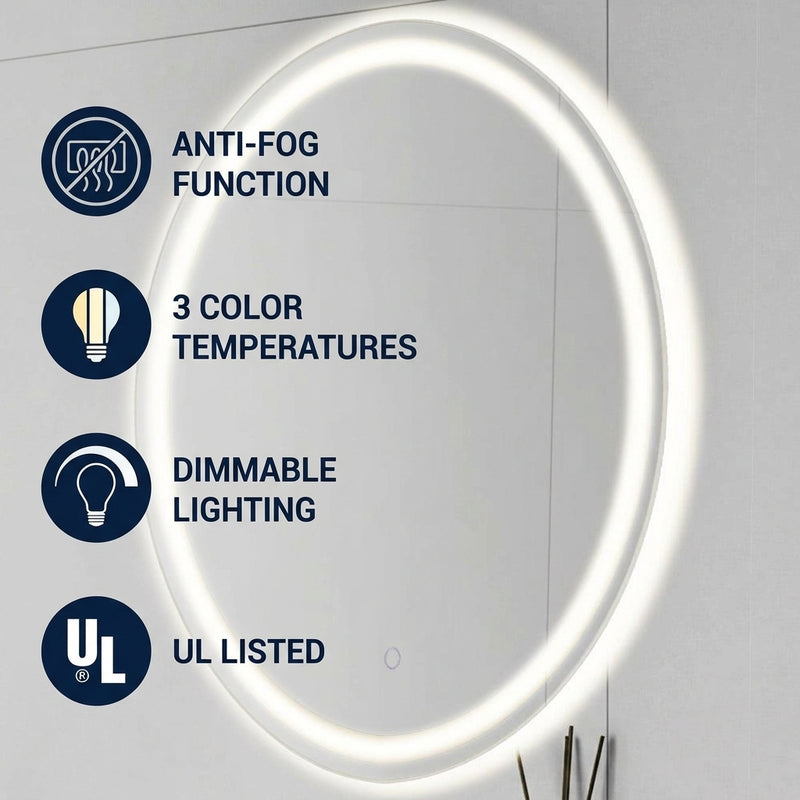 Dane 27 Round Frameless Anti-Fog Aluminum Front/Back-lit Tri-color LED Bathroom Vanity Mirror with Smart Touch Control White / 20" x 28" – ICONS