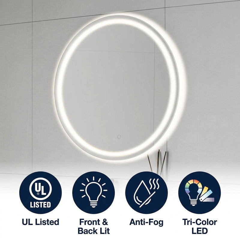 Dane 27 Round Frameless Anti-Fog Aluminum Front/Back-lit Tri-color LED Bathroom Vanity Mirror with Smart Touch Control White / 28" x 36" – ICONS