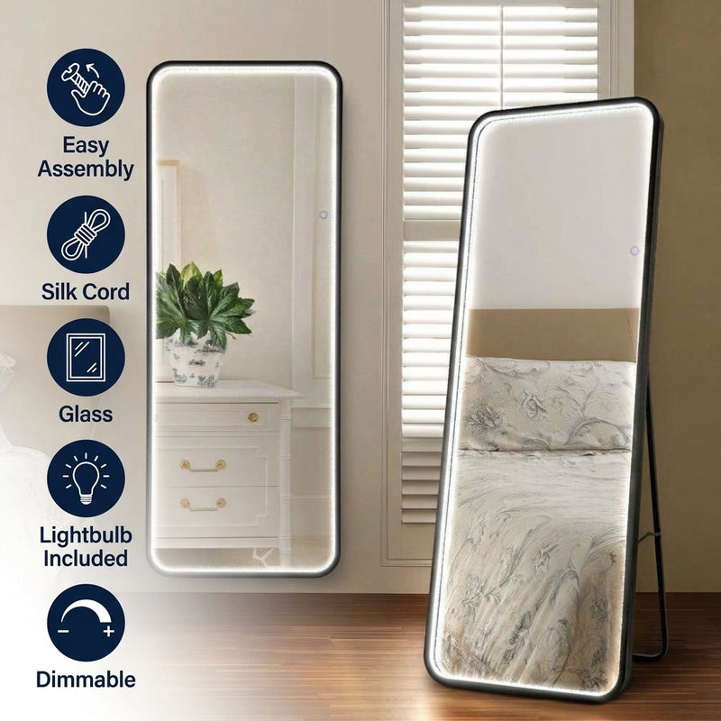 Tatum Crystal Lining Rectangle Metal Framed Antifog Front-Lit Tri-Color Wall Or Floor Full-Length Mirror with Smart Touch Black / 65" x 24" – ICONS