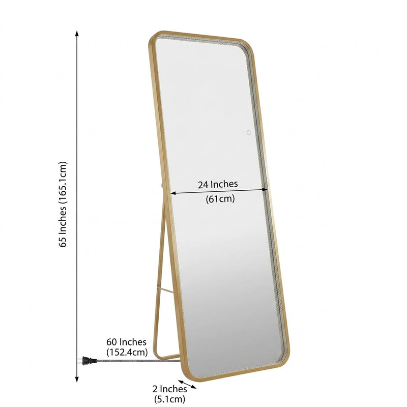 Tatum Crystal Lining Rectangle Metal Framed Antifog Front-Lit Tri-Color Wall Or Floor Full-Length Mirror with Smart Touch Gold Painting / 65" x 24" – DIM