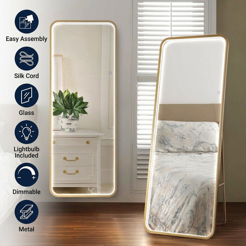 Tatum Crystal Lining Rectangle Metal Framed Antifog Front-Lit Tri-Color Wall Or Floor Full-Length Mirror with Smart Touch Gold Painting / 65" x 24" – ICONS