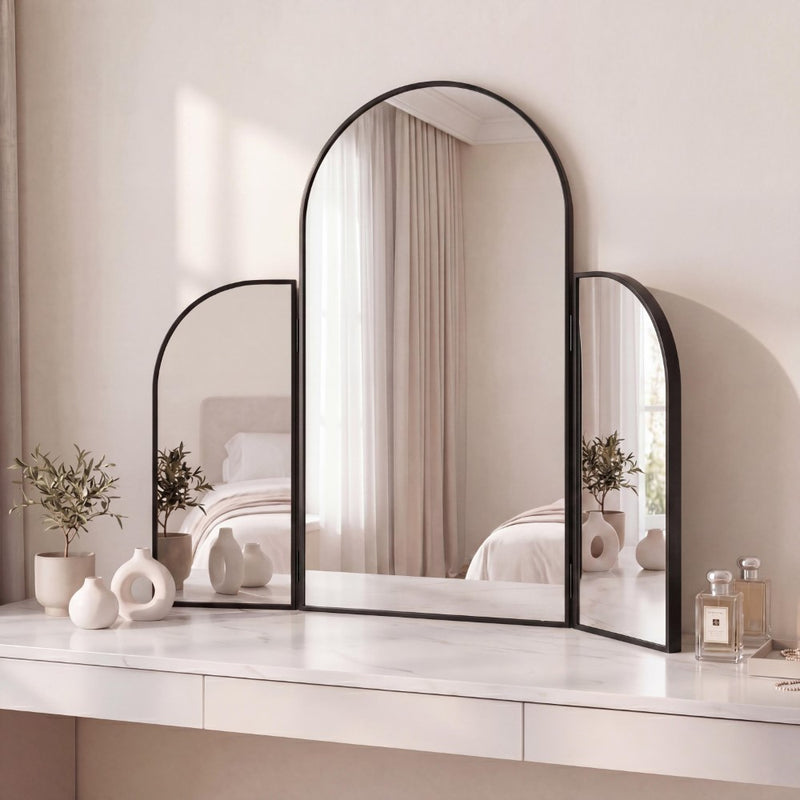 Arjen 3-Way 28 in. W x 28 in. H Medium Arch Trifold Adjustable Aluminum Alloy Framed Vanity Mirror for Tabletop and Wall Mount