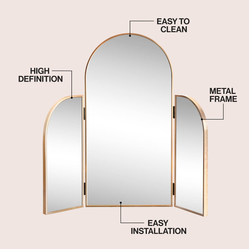 Arjen 3-Way 28 in. W x 28 in. H Medium Arch Trifold Adjustable Aluminum Alloy Framed Vanity Mirror for Tabletop and Wall Mount