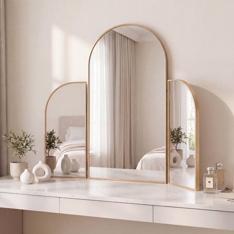 Arjen 3-Way 28 in. W x 28 in. H Medium Arch Trifold Adjustable Aluminum Alloy Framed Vanity Mirror for Tabletop and Wall Mount