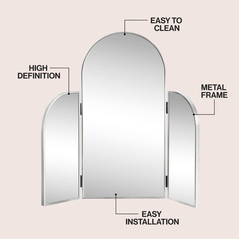 Arjen 3-Way 28 in. W x 28 in. H Medium Arch Trifold Adjustable Aluminum Alloy Framed Vanity Mirror for Tabletop and Wall Mount