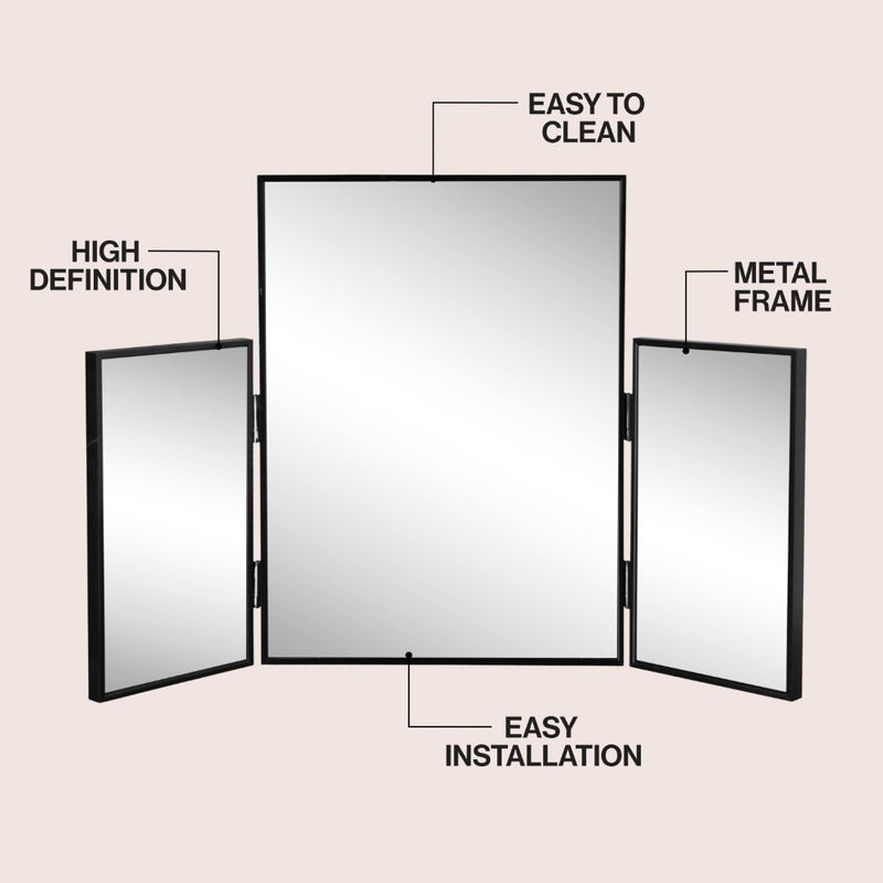 Orthos 3-Way 30 in. W x 20 in. H Medium Rectangular Trifold Adjustable Aluminum Alloy Framed Vanity Mirror for Tabletop and Wall Mount