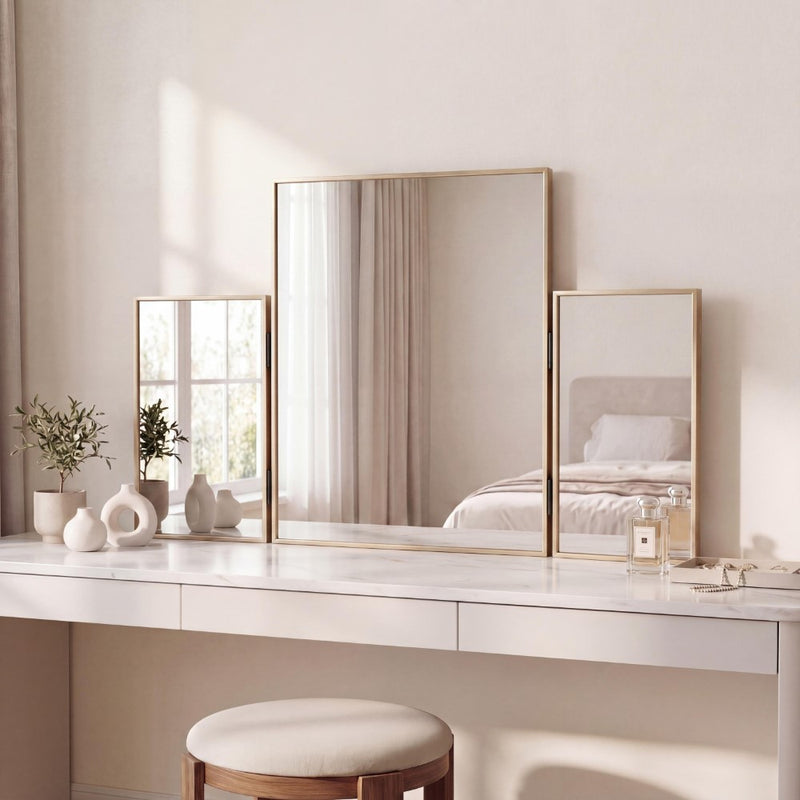 Orthos 3-Way 30 in. W x 20 in. H Medium Rectangular Trifold Adjustable Aluminum Alloy Framed Vanity Mirror for Tabletop and Wall Mount