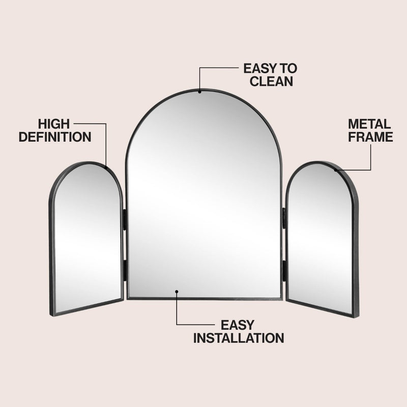 Verity 3-Way 30 in. W x 20 in. H Medium Arch Trifold Adjustable Aluminum Alloy Framed Vanity Mirror for Tabletop and Wall Mount