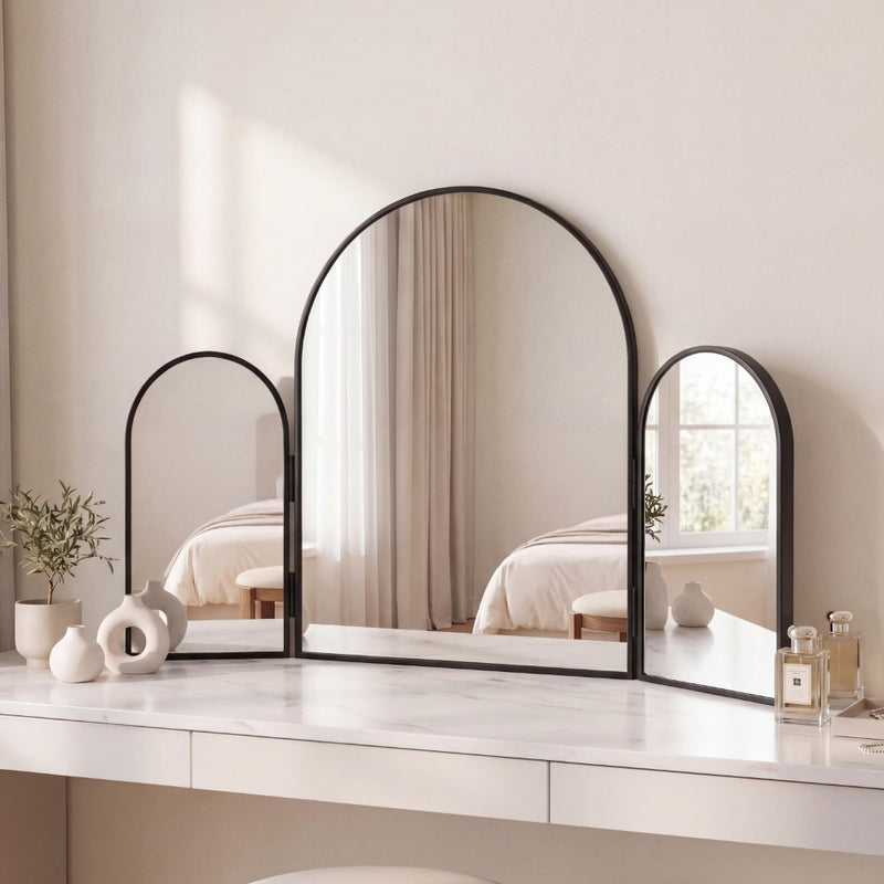 Verity 3-Way 30 in. W x 20 in. H Medium Arch Trifold Adjustable Aluminum Alloy Framed Vanity Mirror for Tabletop and Wall Mount