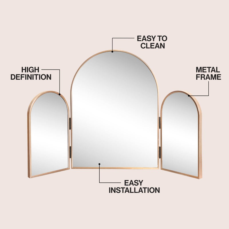 Verity 3-Way 30 in. W x 20 in. H Medium Arch Trifold Adjustable Aluminum Alloy Framed Vanity Mirror for Tabletop and Wall Mount